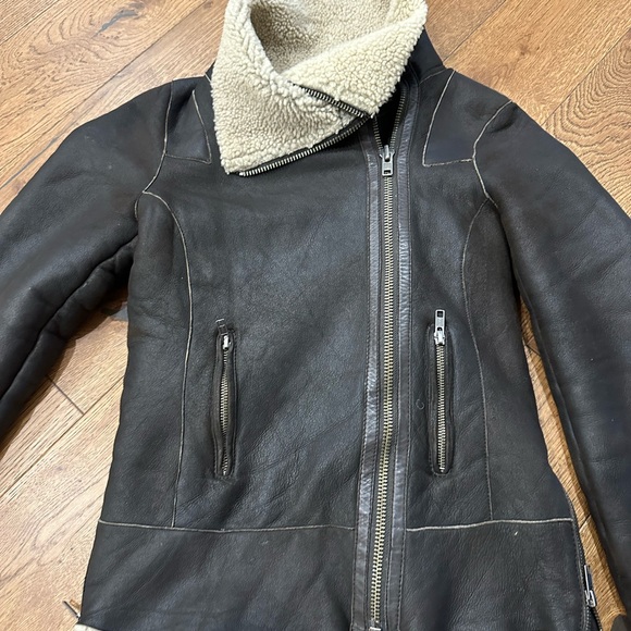 All Saint Sheering Shield Leather sheepskin suede women Jacket size 8 - Picture 2 of 15